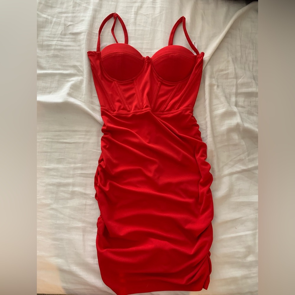 Red Ruched Dress with Inserts and Boning